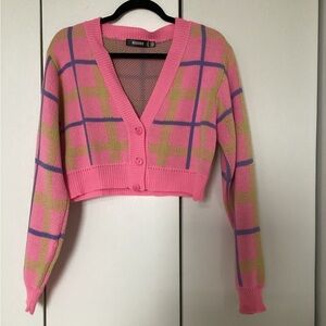 Cropped Pink Plaid Women's Sweater